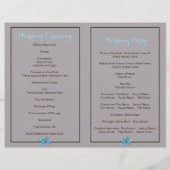 木の結婚式プログラムの青い花とハート (裏面)