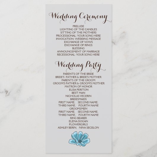 木の結婚式プログラムの青い花とハート プログラム (裏面)