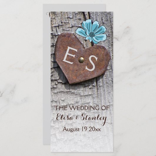 木の結婚式プログラムの青い花とハート プログラム (正面/裏面)