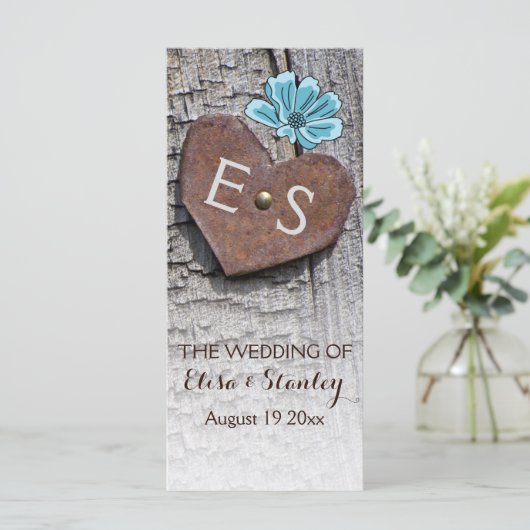 木の結婚式プログラムの青い花とハート プログラム (スタンド正面)