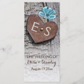 木の結婚式プログラムの青い花とハート プログラム (正面)