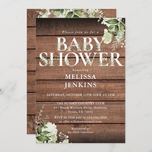 木の緑素朴のフローラレターベビーシャワー 招待状 (正面/裏面)