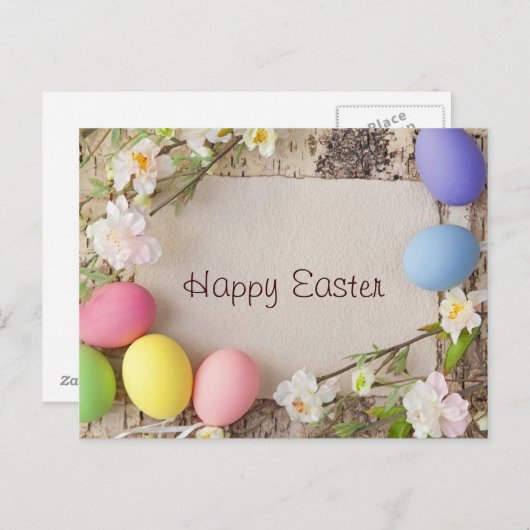 木の背景のイースターエッグそしてノート シーズンポストカード (正面/裏面)