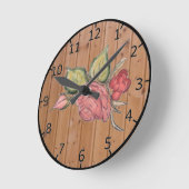 木の背景の赤いバラ ラウンド壁時計 (傾斜)