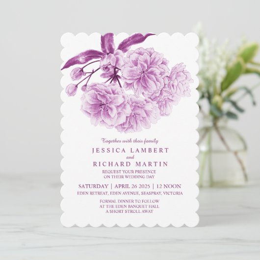 木の花の水の色の濃い紫結婚色 招待状 (スタンド正面)