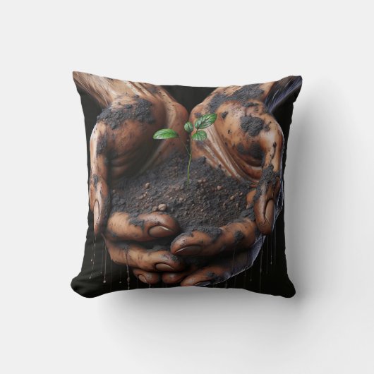 木の苗木を持つ大きな手 クッション (正面)