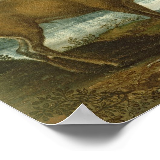 木の茂った風景の中で牡鹿と後鹿 ポスター (角)