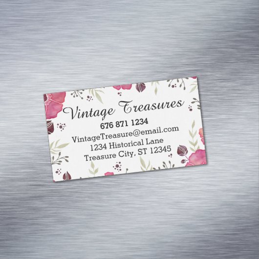 木の葉とフローラピンクとグレーパターン マグネット名刺 (インサイチュ)