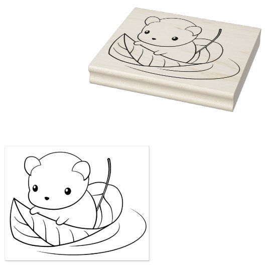 木の葉に浮かぶ、かわいい小さなネズミ ラバースタンプ (押印)