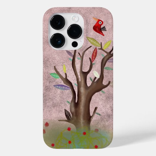 木の赤い鳥の淡いピンクの絵 Case-Mate iPhoneケース (裏面)