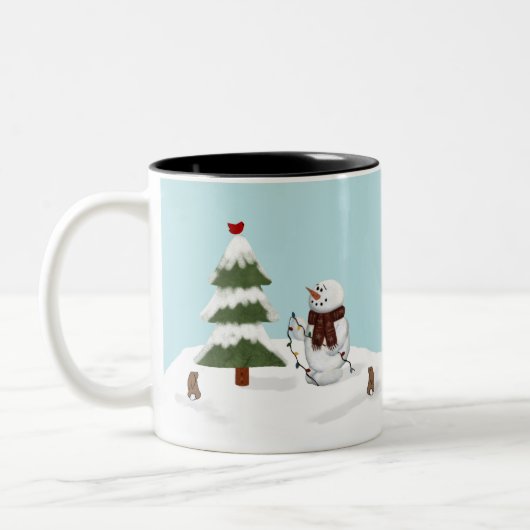 木の雪だるまのマグを飾ること ツートーンマグカップ (左)