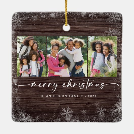 木の雪素朴片の写真メリークリスマス セラミックオーナメント (裏面)