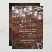 木の雪素朴片の文字列ライトレッドクリスマス 招待状 (正面/裏面)