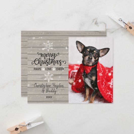 木の雪素朴片クリスマスドッグフォトカード カード (正面/裏面インサイチュ)