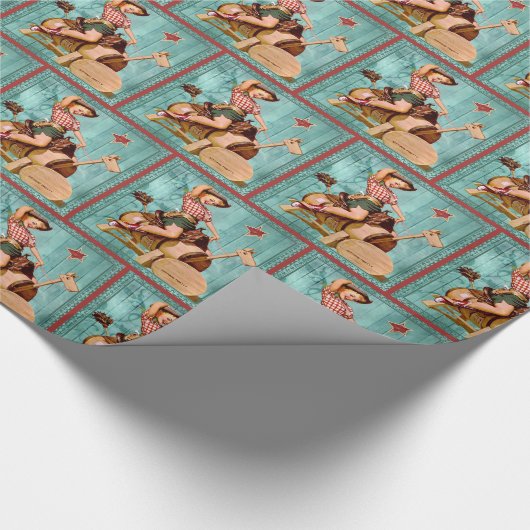 木の馬のレトロのヴィンテージの女性のカーボーイ ラッピングペーパー (角)