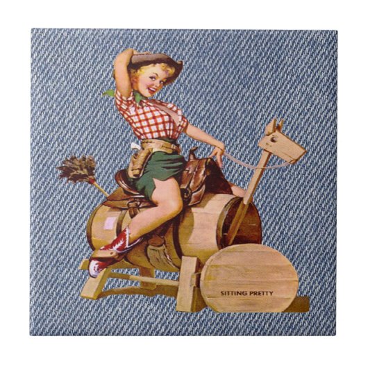 木の馬のヴィンテージの西部の女性のカーボーイ タイル (正面)