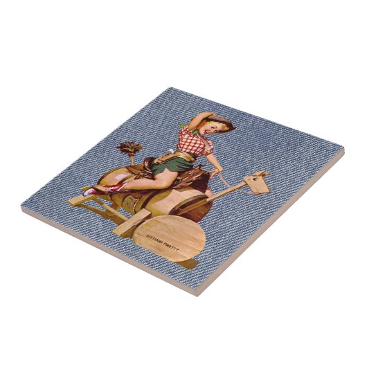 木の馬のヴィンテージの西部の女性のカーボーイ タイル (側面)