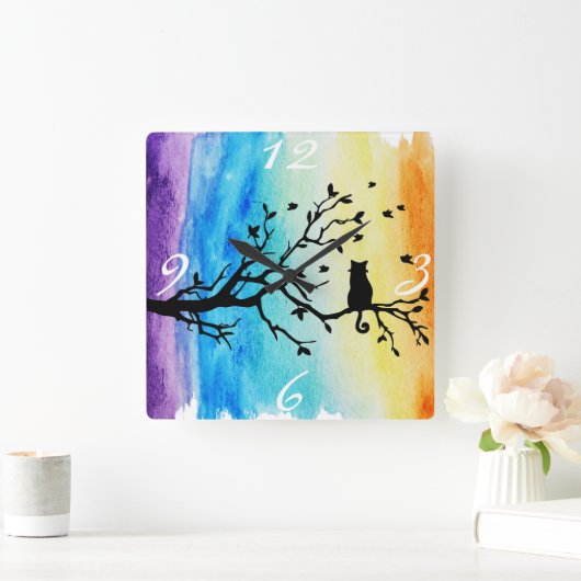 木の鮮やかな虹の水彩画の黒猫 スクエア壁時計 (ホーム)