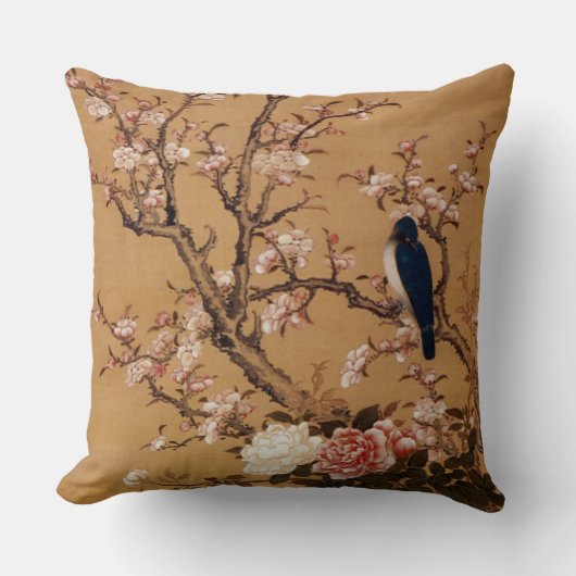 木の鳥のヴィンテージの古く日本のな絵画 クッション (正面)