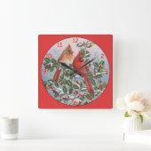 木の黄色と赤の深紅色 スクエア壁時計 (ホーム)