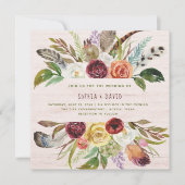 木の|バーガンディおよびオレンジ花を結婚するBoho 招待状 (正面)