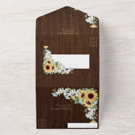 木ひまわり素朴ほこりっぽい青いフローラNoメニュー オールインワン招待状 (外側)