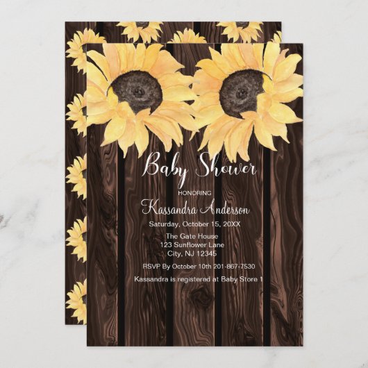 木ひまわり素朴中立ジェンダー赤ちゃんシャワー 招待状 (正面/裏面)