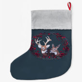 木びき台および雌ジカの白によって後につかれるシカ ラージクリスマスストッキング (裏面)