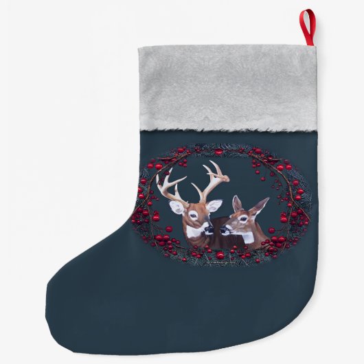 木びき台および雌ジカの白によって後につかれるシカ ラージクリスマスストッキング (裏面)