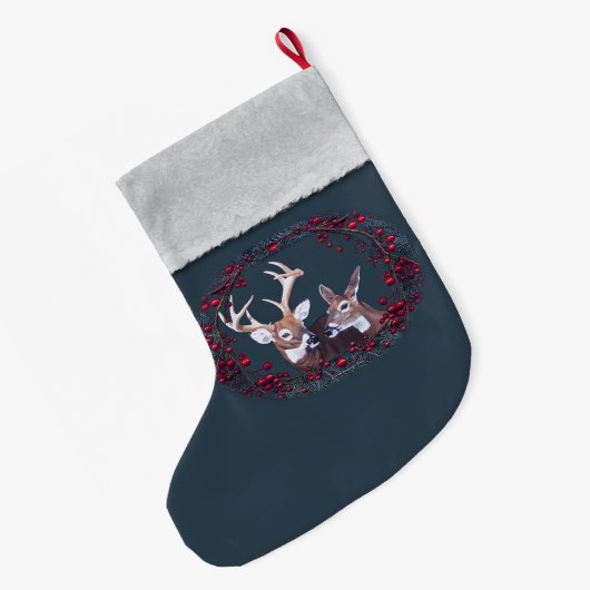 木びき台および雌ジカの白によって後につかれるシカ ラージクリスマスストッキング (裏面 (吊り時))