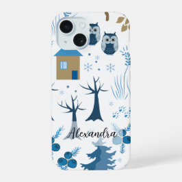 木やフクロウ、松の木と雪の結晶の模様 iPhone 15ケース
