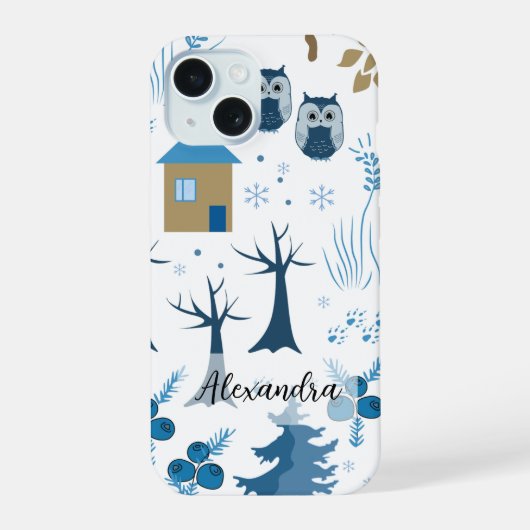 木やフクロウ、松の木と雪の結晶の模様 iPhone 15ケース (裏面)