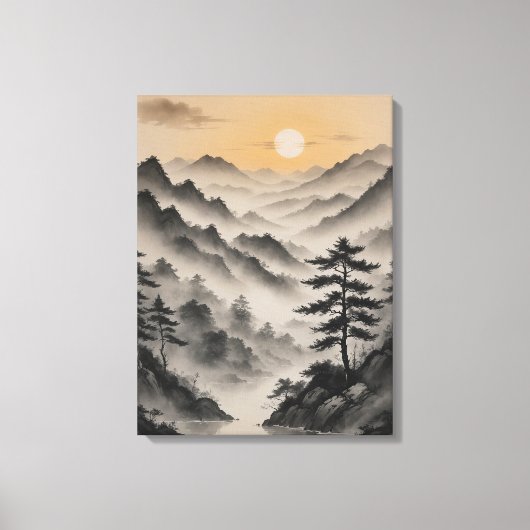 木や霧が立つ山の風景 キャンバスプリント (正面)