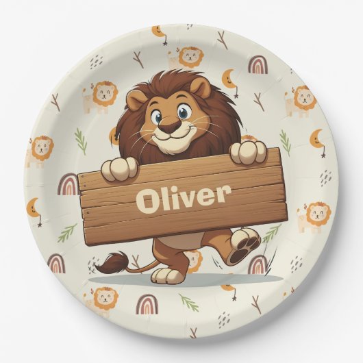 木よくはしゃぐの看板を持つライオン ペーパープレート (正面)