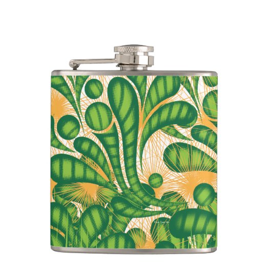 木を描いた芸術的緑と金ゴールド フラスク (正面)