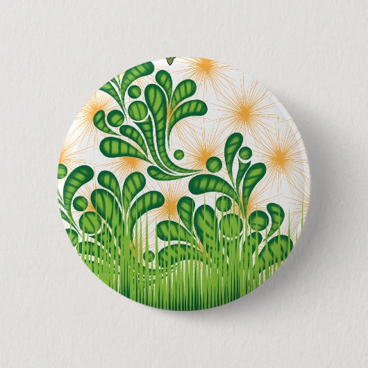 木を描いた芸術的緑と金ゴールド 缶バッジ (正面)