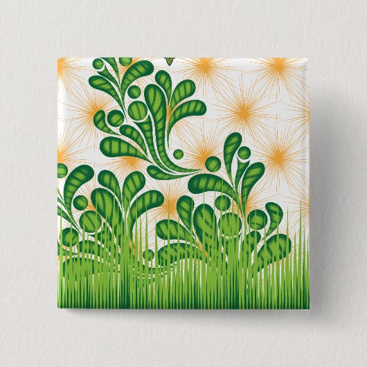 木を描いた芸術的緑と金ゴールド 缶バッジ (正面)