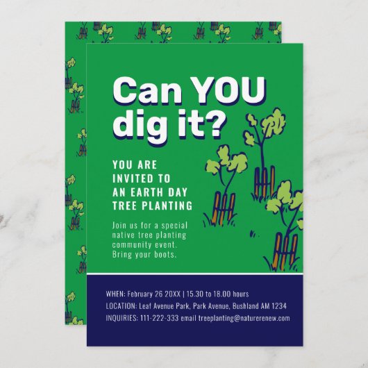 木を植えるイベント土日を掘れるか 招待状 (正面/裏面)