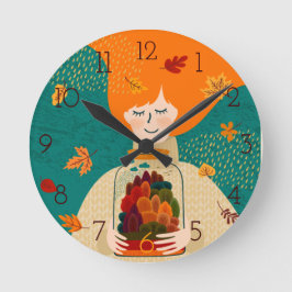 木を瓶に入れた秋の少女 ラウンド壁時計