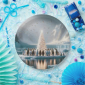 木を集めるクリスマスのまわりにペンギン ペーパープレート (パーティー)