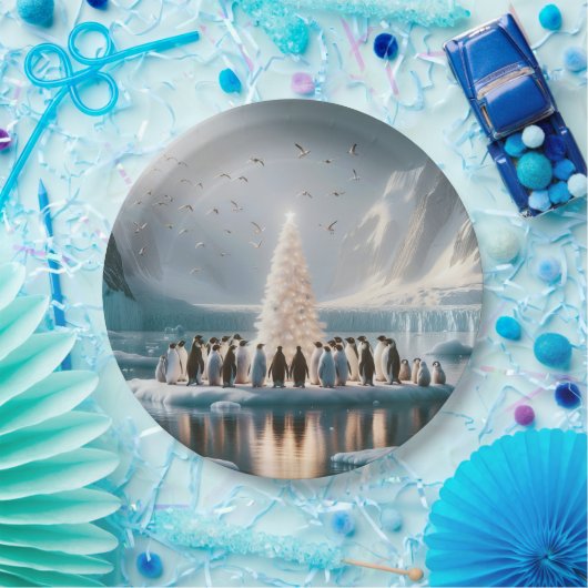 木を集めるクリスマスのまわりにペンギン ペーパープレート (パーティー)