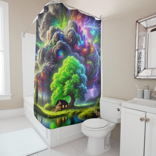 木アートと日没のシーン シャワーカーテン (インサイチュ)