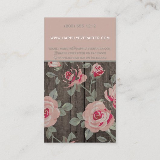 木エレガントの背景にピンク素朴のバラ 名刺 (裏面)