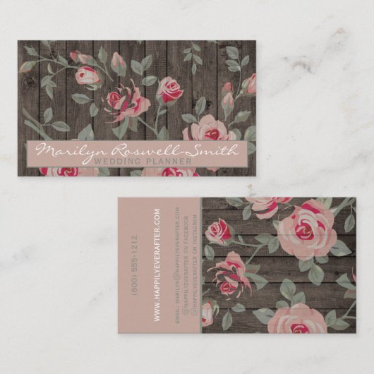 木エレガントの背景にピンク素朴のバラ 名刺 (正面/裏面)