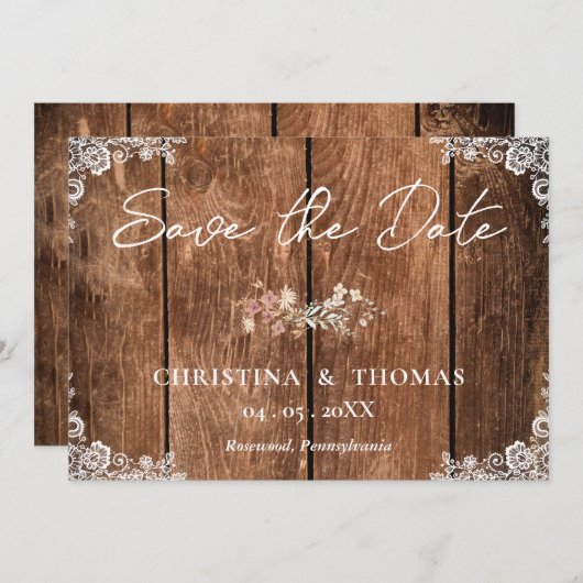 木エレガント素朴とレースの国の結婚式 セーブザデート (正面/裏面)