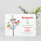 木カラフルかわいい鳥キッド誕生日パーティー招待状 招待状 (スタンド正面)