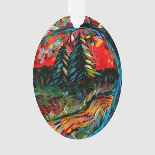 木カラフルと川絵画の オーナメント (正面)