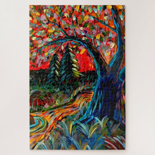 木カラフルと川絵画の ジグソーパズル (縦)