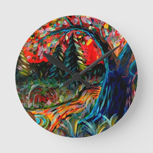 木カラフルと川絵画の ラウンド壁時計 (正面)