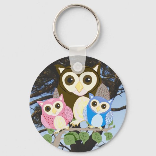 木カラフルにフクロウ キーホルダー (正面)